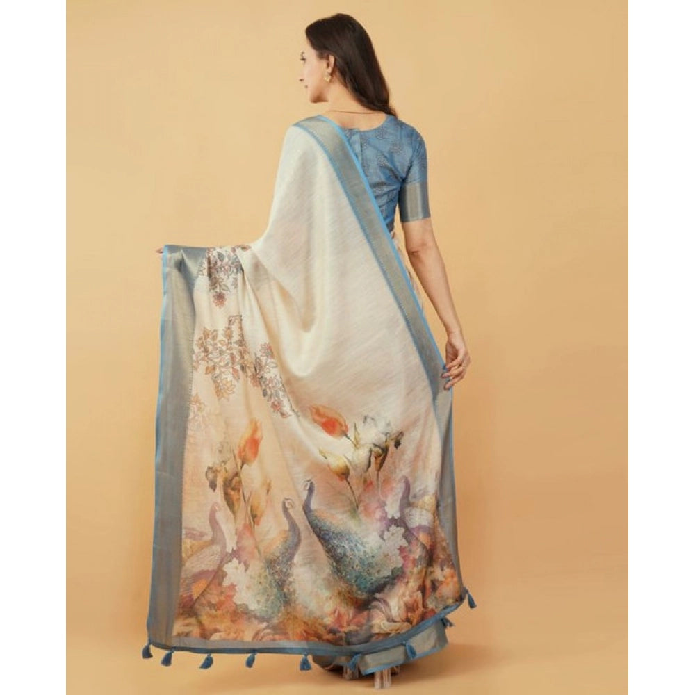 Generic Women's Polyester Printed Saree With Unstitched Blouse 5.5 Mtr (Cream)