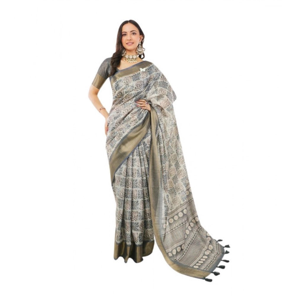 Generic Women's Polyester Printed Saree With Unstitched Blouse 5.5 Mtr (Grey)