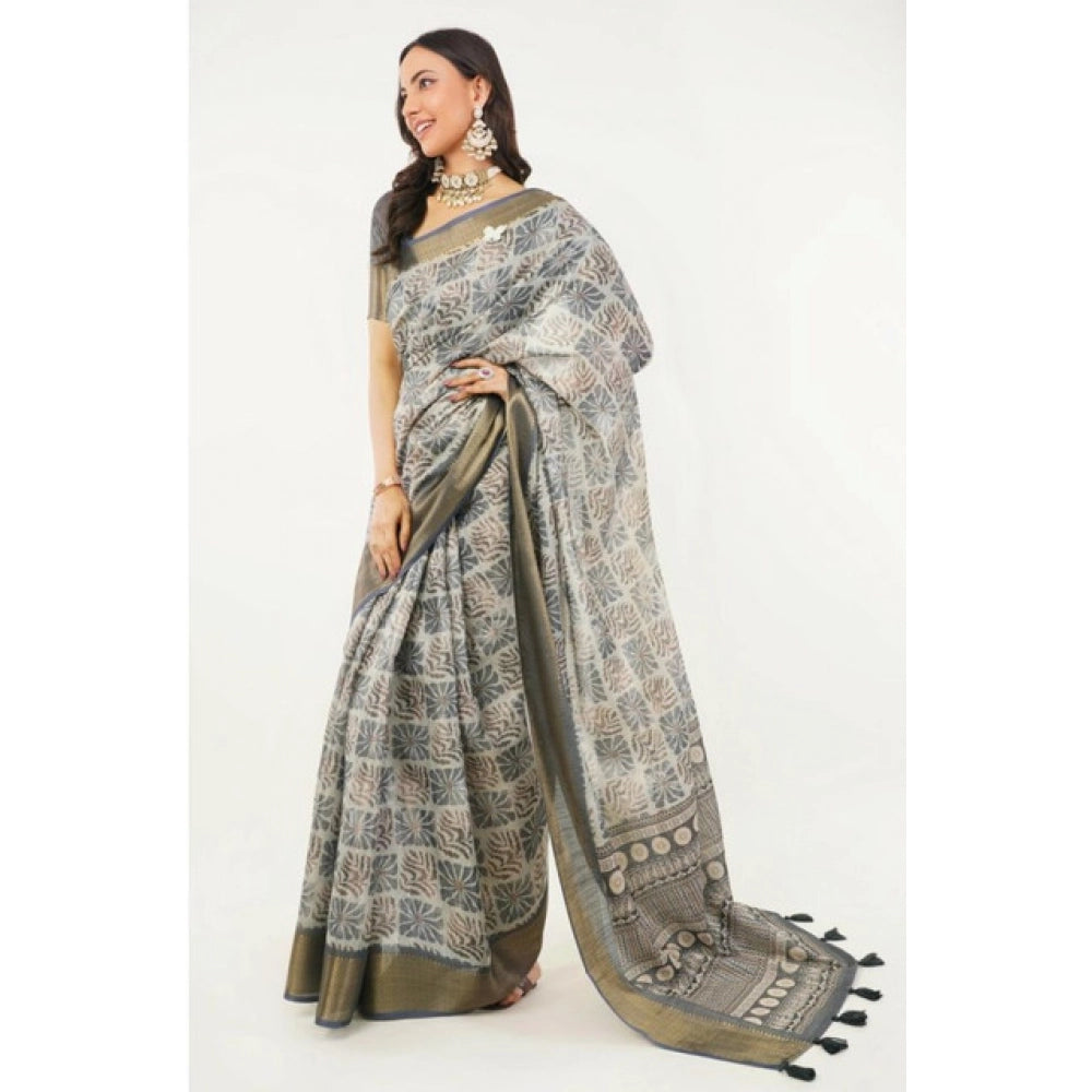 Generic Women's Polyester Printed Saree With Unstitched Blouse 5.5 Mtr (Grey)