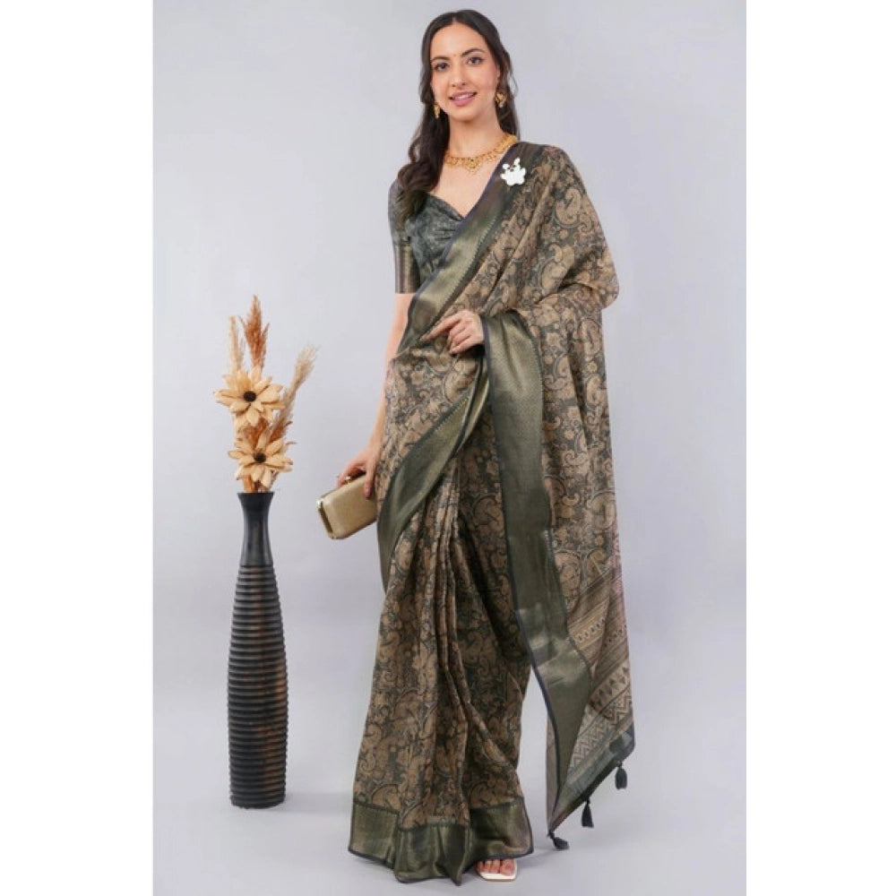 Generic Women's Polyester Printed Ready To Wear Saree With Unstitched Blouse 5.5 Mtr (Grey)
