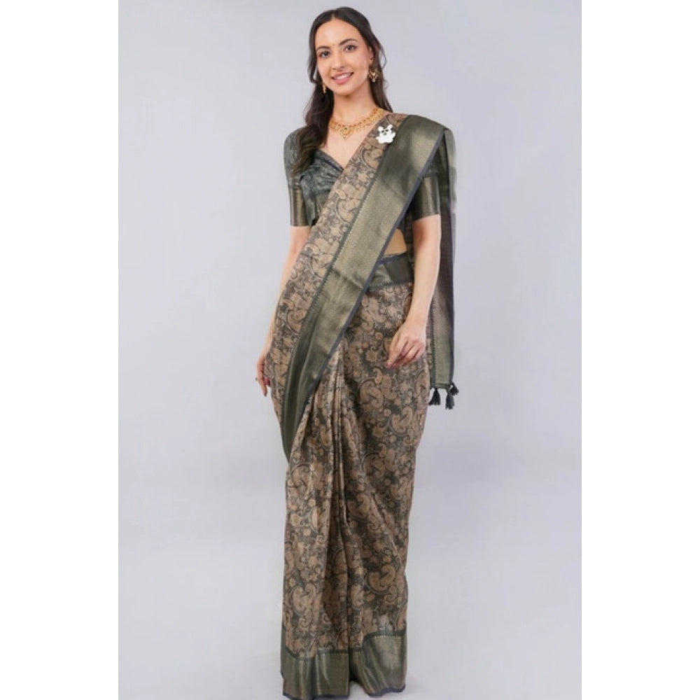 Generic Women's Polyester Printed Ready To Wear Saree With Unstitched Blouse 5.5 Mtr (Grey)