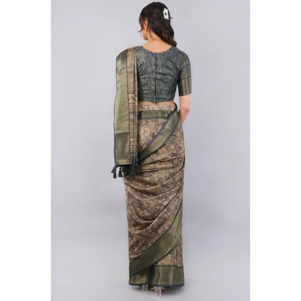 Generic Women's Polyester Printed Ready To Wear Saree With Unstitched Blouse 5.5 Mtr (Grey)