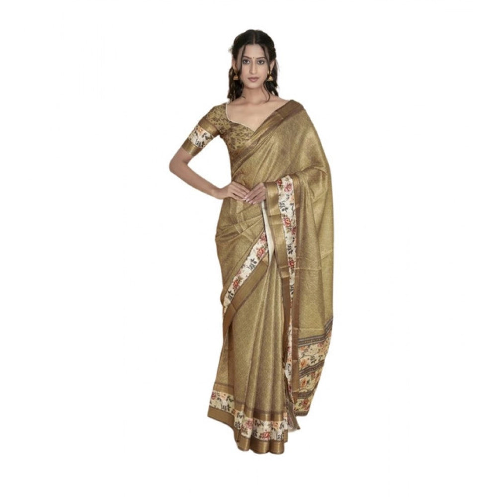 Generic Women's Polyester Printed Saree With Unstitched Blouse 5.5 Mtr (Gold)