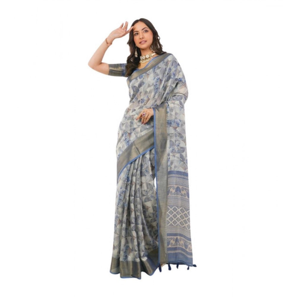 Generic Women's Polyester Printed Saree With Unstitched Blouse 5.5 Mtr (Grey)