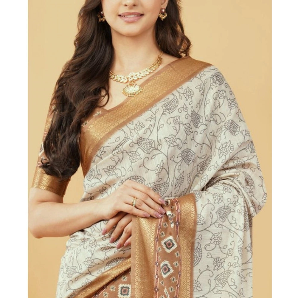 Generic Women's Polyester Printed Saree With Unstitched Blouse 5.5 Mtr (Off-White)