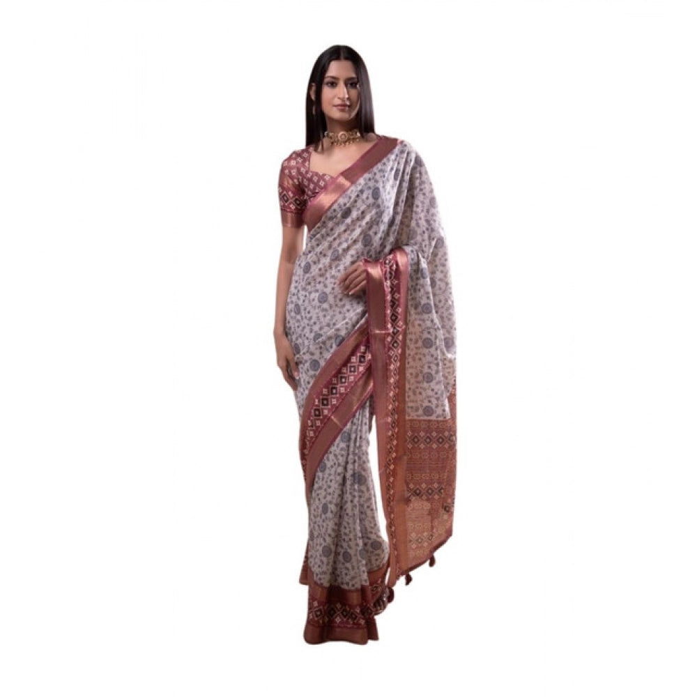 Generic Women's Polyester Printed Saree With Unstitched Blouse 5.5 Mtr (Off-White)