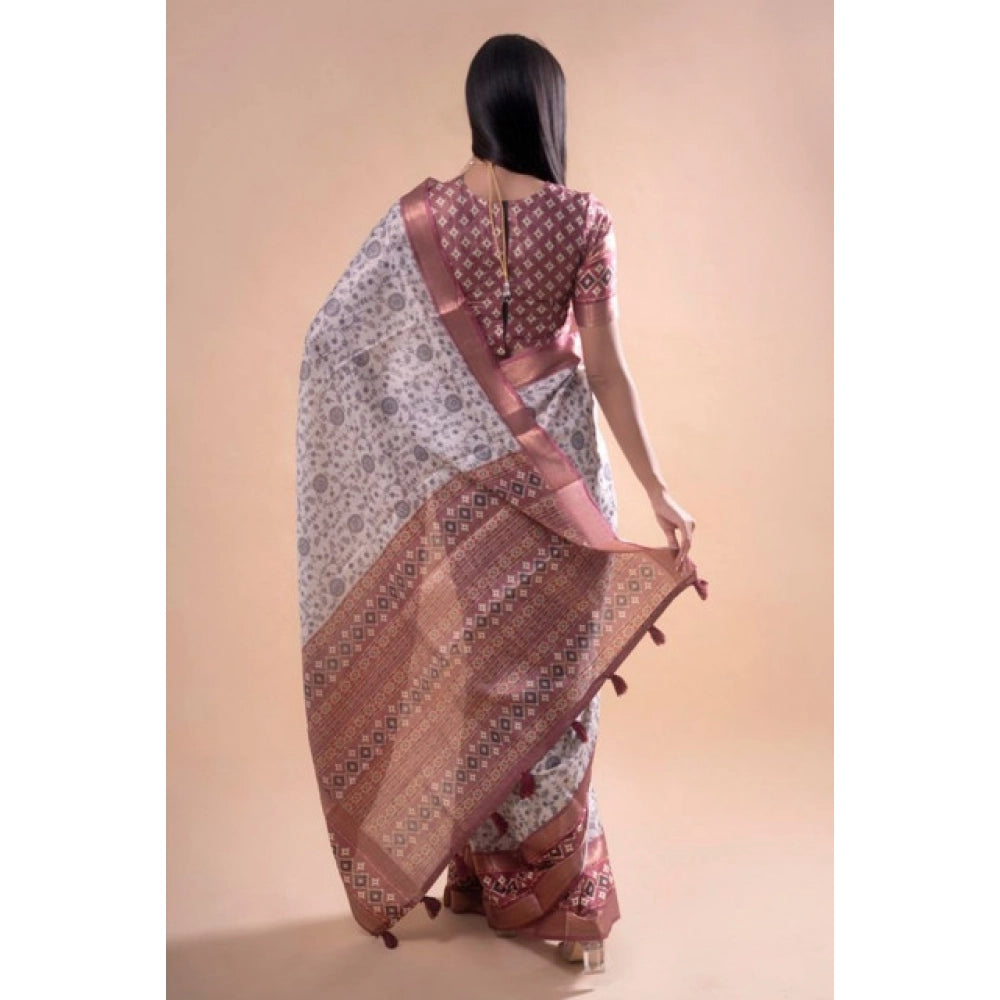 Generic Women's Polyester Printed Saree With Unstitched Blouse 5.5 Mtr (Off-White)