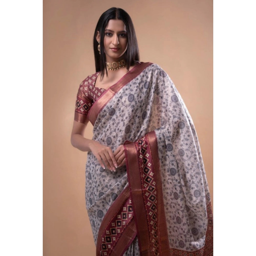 Generic Women's Polyester Printed Saree With Unstitched Blouse 5.5 Mtr (Off-White)