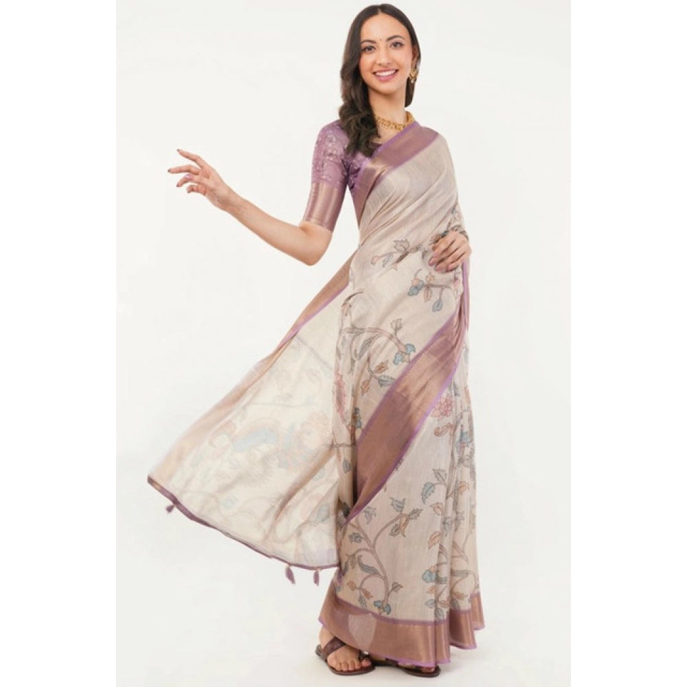 Generic Women's Polyester Printed Saree With Unstitched Blouse 5.5 Mtr (Cream)