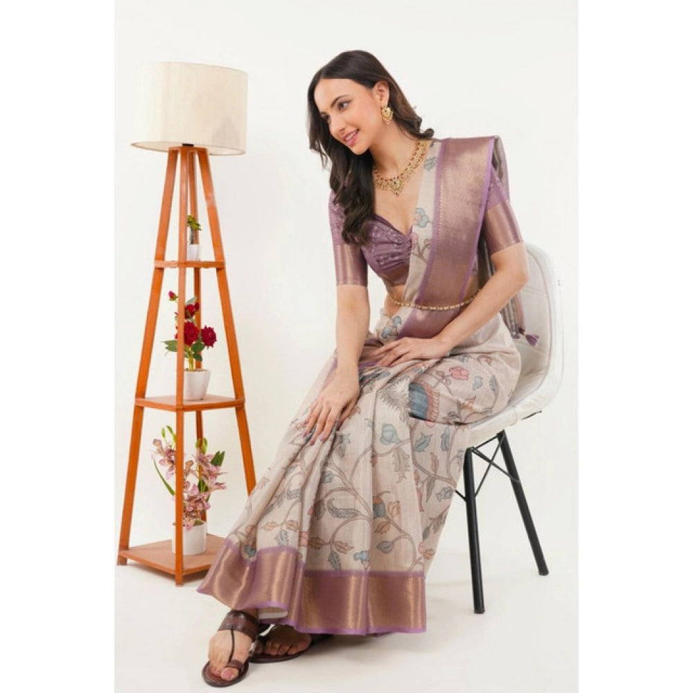 Generic Women's Polyester Printed Saree With Unstitched Blouse 5.5 Mtr (Cream)