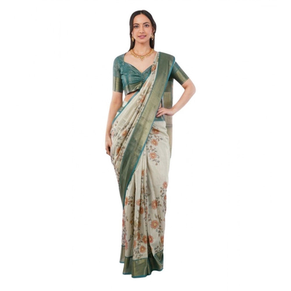 Generic Women's Polyester Printed Ready To Wear Saree With Unstitched Blouse 5.5 Mtr (Beige)