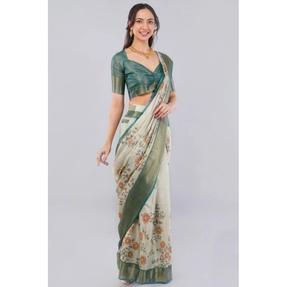 Generic Women's Polyester Printed Ready To Wear Saree With Unstitched Blouse 5.5 Mtr (Beige)