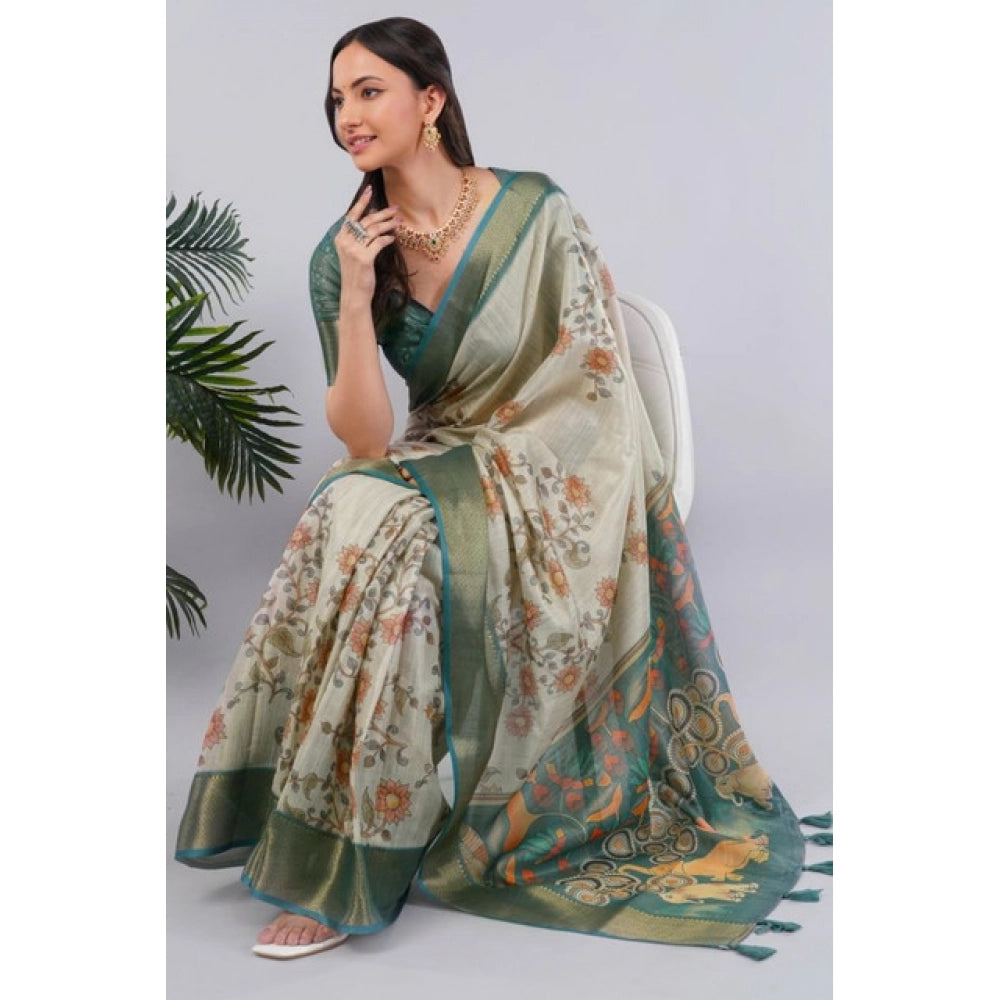 Generic Women's Polyester Printed Ready To Wear Saree With Unstitched Blouse 5.5 Mtr (Beige)